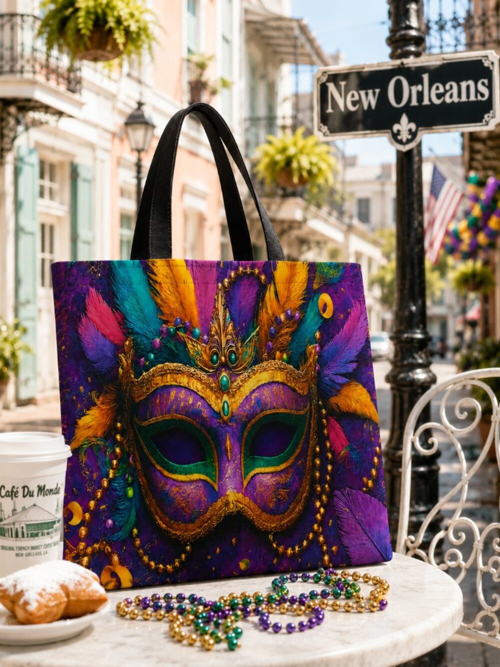Mardi Gras Mask Art Tote Bag 14x16 Colorful Statement Resort Carryall NIB - Picture 4 of 11